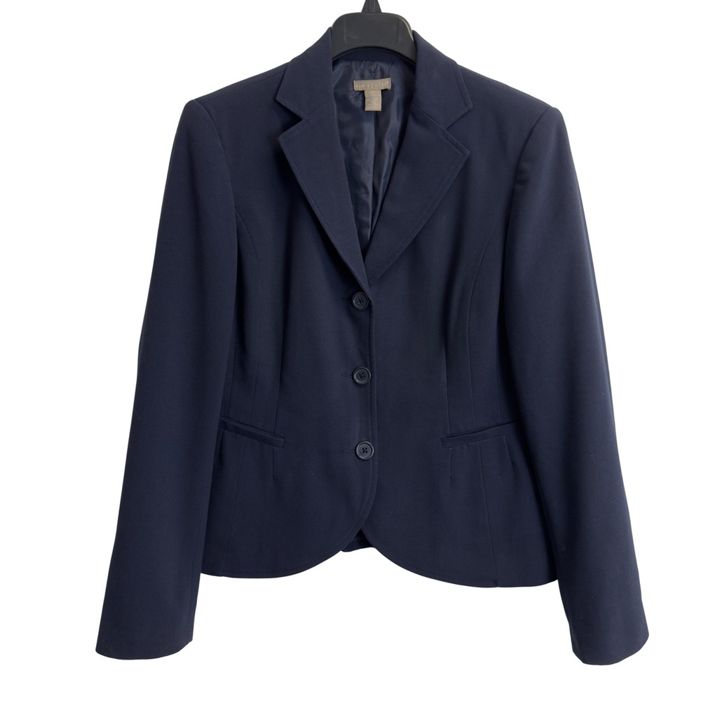 Kim Rogers Womens Navy Blue Three Button Stretch Blazer Jacket Size 12